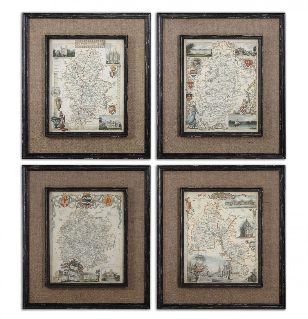 COUNTRYSIDE MAPS WALL ART SET/4: Countryside Maps Wall Art Set/4 - Medium Brown Burlap Mats Surround The Prints. Frames And Fillets Have A Black Base Coat With Heavy Brown And Taupe Distressing Accented With Gold Dry Brushing. - Mate