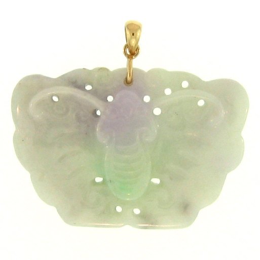 NATURAL LAVENDER MIX JADE PENDANT: This Is A-one-of-a-kind - Natural Lavender Mix Jade Pendant - Metal: Yellow Gold Karat: 14k Stone Size: ~38x26mm Details: Butterfly Carving - This Is Guaranteed Grade A Jade (jadeite)