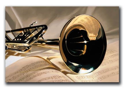 Denard Stalling - Solo 24x36: "Solo" is a canvas giclee depicting a trumpet and sheet music by Denard Stalling. This 24x36 canvas is gallery wrapped . - 24x36