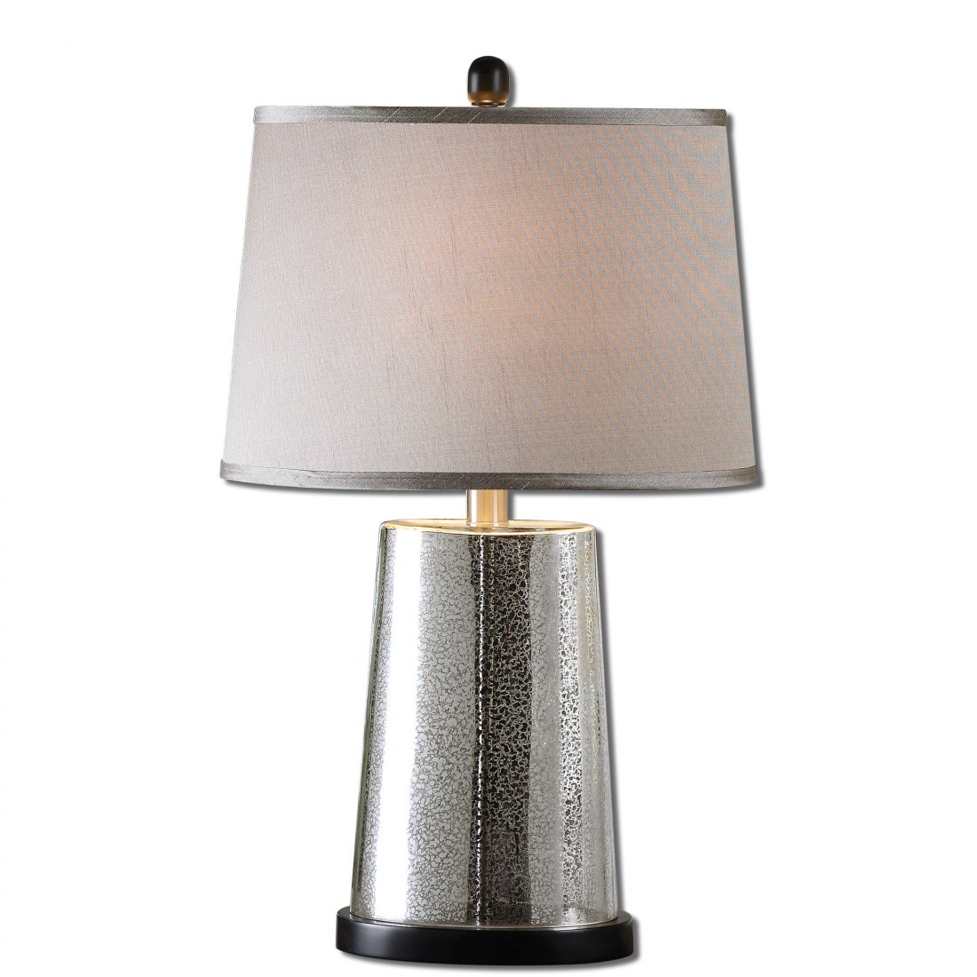 ARNEZ MERCURY GLASS TABLE LAMP: Arnez Mercury Glass Table Lamp - Speckled Mercury Glass Accented With A Black Foot. The Tapered Oval Hardback Shade Is A Silken Taupe Gray Fabric With Natural Slubbing. - Material: Poly&glass Voltage: