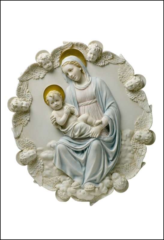 THEOTOKOS AND BABY JESUS SURROUNDED BY WINGED CERUB: Theotokos And Baby Jesus Surrounded By Winged Cerub Heads - Wall Plaque (light Color) - Material - Poly Stone - Size - (l) 13 1/4