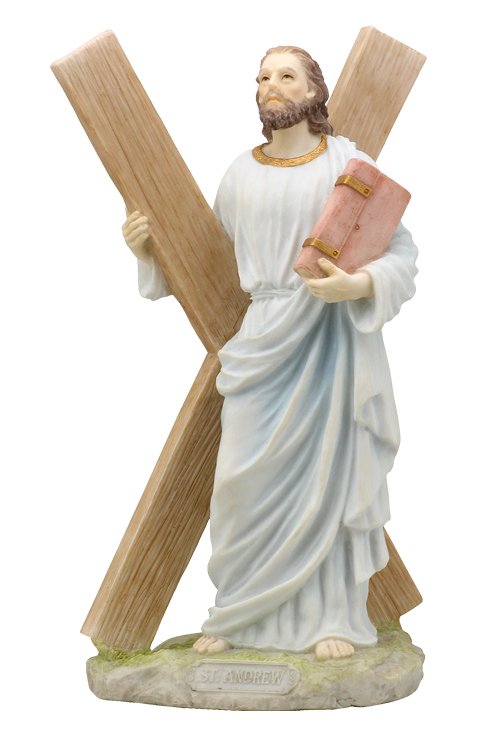 ST. ANDREW THE APOSTLE WITH THE CROSS (LIGHT COLOR): St. Andrew The Apostle With The Cross (light Color) - Material - Poly Stone - Size - (h) 8 1/2