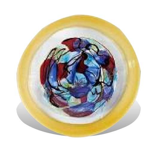 HAND BLOWN - MEDIUM AMBER WALL SCULPTURE WITH COPPER: Hand Blown Art Glass - Medium Amber Wall Sculpture With Copper Dots And Multi-color Design - Dimensions: D=17" - This Is A Hand Blown One-of-a-kind Piece Of Art Glass. As Such, Color And Pattern Varia