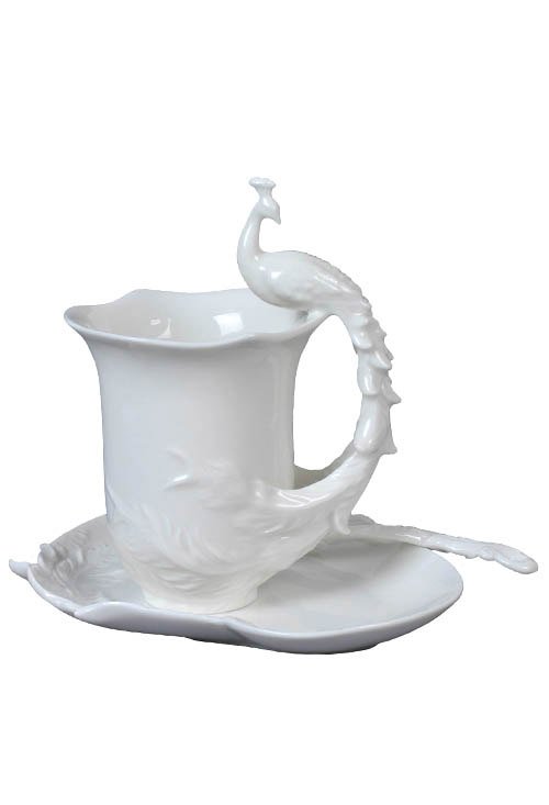 PEACOCK COFFEE CUP SET WITH SPOON(WHITE): Peacock Coffee Cup Set With Spoon(white) - Material - Fine Porcelain - Size - (l) 6 1/4