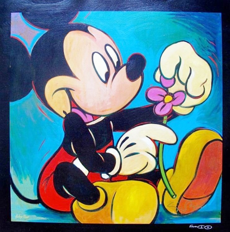 SIMON BULL DISNEY MICKEY MOUSE "SHE LOVES ME SHE & SHE: You Will Be Bidding On A Hand Signed Original Giclee On Canvas Of Mickey Mouse By Simon Bull Titled "she Loves Me & She Loves Me Not". This Piece Is Marked As A Gallery Proof. Canvas Size: 23" X 23".