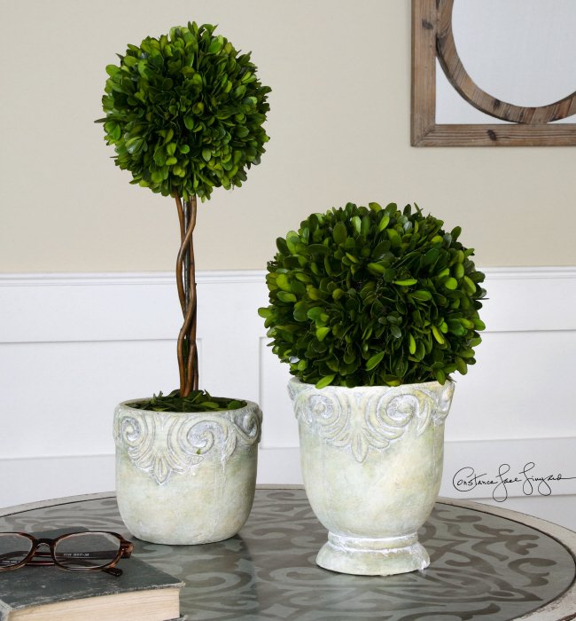PRESERVED BOXWOOD BALL TOPIARIES S/2: Preserved Boxwood Ball Topiaries S/2 - Preserved, Natural Boxwood Foliage Potted In Stone Finished, Ceramic Planters. Tall Topiary Has Natural Willow Branches. - Material: Boxwood,pot Overall Depth In