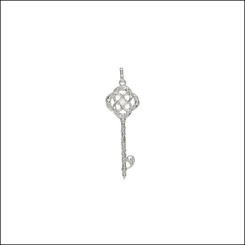 DIAMOND KEY PENDANT OR NECKLACE: DIAMOND KEY PENDANT OR NECKLACE - Sterling Silver / 1/10 Ct Tw Pendant Only / Polished / Diamond Vine Key Pendant - Weight: 1.911DWT - GramWeight: 2.97