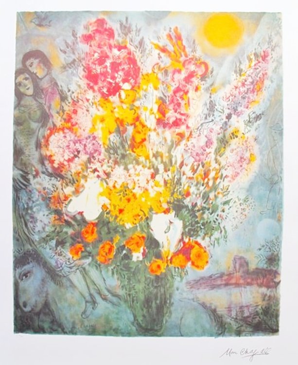 MARC CHAGALL ORIGINAL BOUQUET LIMITED ED. LITHOGRAPH: This Is A Marc Chagall Lithograph Titled "original Bouquet". This Is Facsimile Signed And Pencil Numbered From A Limited Edition Of 500. Image Measures 28" X 20" On 34" X 23" Paper. Printed On High Qu
