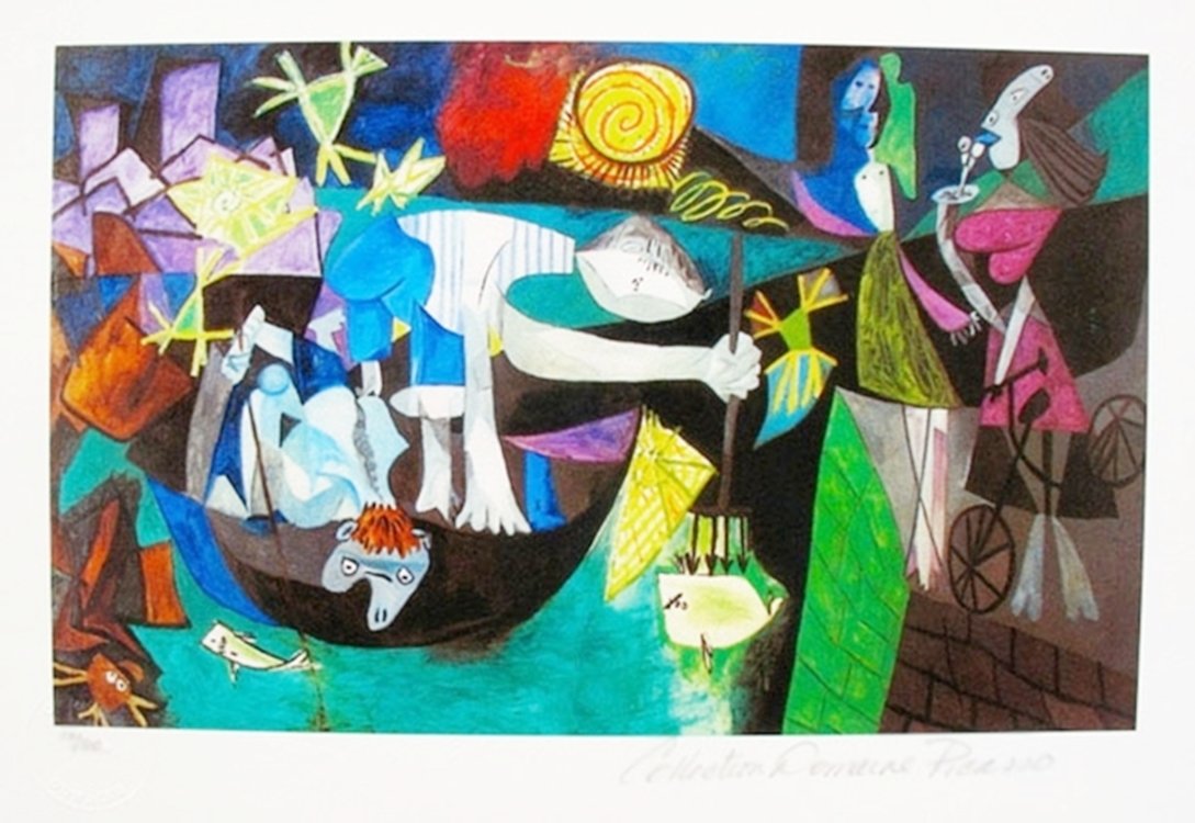 PABLO PICASSO NIGHT FISHING AT ANTIBES ESTATE SIGNED: This Is A Pablo Picasso Small Giclee Titled "night Fishing At Antibes". This Piece Is Pencil Signed On The Lower Right As 'collection Domaine Picasso' And Has An Embossed Seal Stamped By The Picasso E
