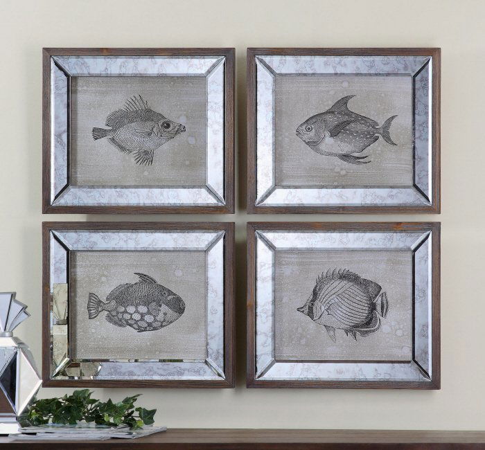 MIRRORED FISH FRAMED ART S/4: Mirrored Fish Framed Art S/4 - Frames Are Dark Brown Finished Wood With Antique Mirrors Surrounding The Canvas Prints. - Material: Pinewood/mirror/canvas Overall Depth In Inches: 0.875 Overall Width I