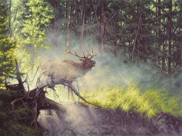 MYSTIC WARRIOR - GREG BEECHAM: Mystic Warrior - Greg Beecham - Hand Signed - Limited Edition Print - Image Size: 18 1/2"w X 13 3/4"h. Edition Size:550 - Deep within the forest, cloaked in a mantle of mist, a 6-point bull elk bugles