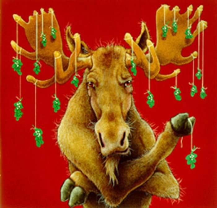 MOOSLETOE - WILL BULLAS: Moosletoe - Will Bullas - Hand Signed - Limited Edition Print - Image Size: 9 1/2"w X 9"h. Edition Size:450 - It’s your call as to whether our antlered friend here has been swept by the yuletide spi