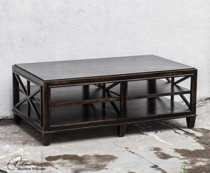 ASADEL WOOD COFFEE TABLE: Asadel Wood Coffee Table - Carved Moldings And Open Fretwork Made From Plantation-grown Mango Wood In Soft, Worn Black Finish. - Material: Mango Wood With P B Carb Overall Depth In Inches: 30 Overall