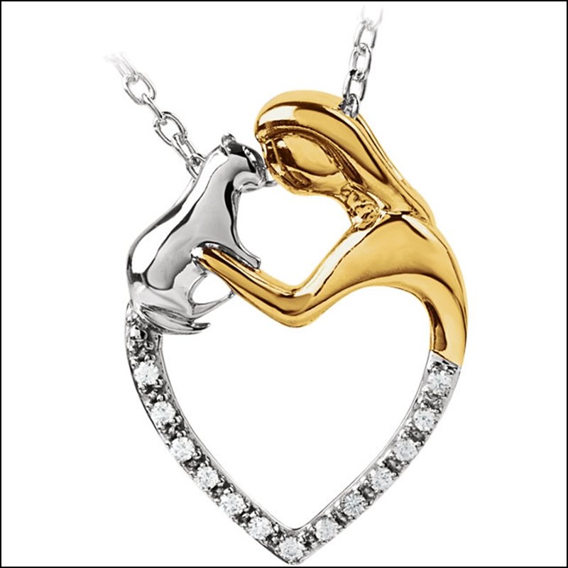 TENDER VOICES CAT LOVE HEART NECKLACE: TENDER VOICES CAT LOVE HEART NECKLACE - 10Ky_Ster / Necklace / Complete With Stone / 20.75X14.70 Mm / Round / 01.00 Mm / Diamond / Polished / .06Ctw Dia Lady & Cat 18" Nck - Weight: 1.51DWT - GramWeig