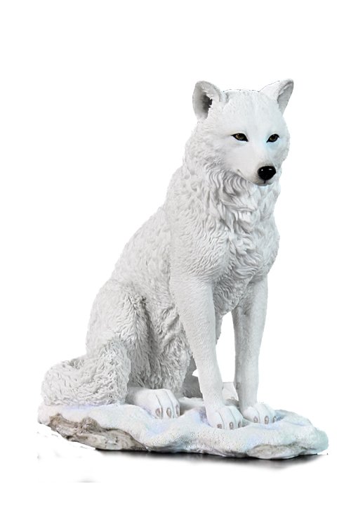 WHITE WOLF SITTING IN SNOW: White Wolf Sitting In Snow - Material - Poly Stone - Size - (h) 7 3/4