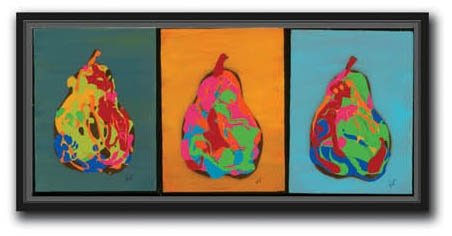 Jeff Boutin - Trio of Nine Pears 9x17: "Trio of Nine Pears" is a canvas giclee by Jeff Boutin . .5" black floater frame with no lip or edge of frame overlapping the face of your picture. This makes for an overall framed size of 9x17. - 9x1