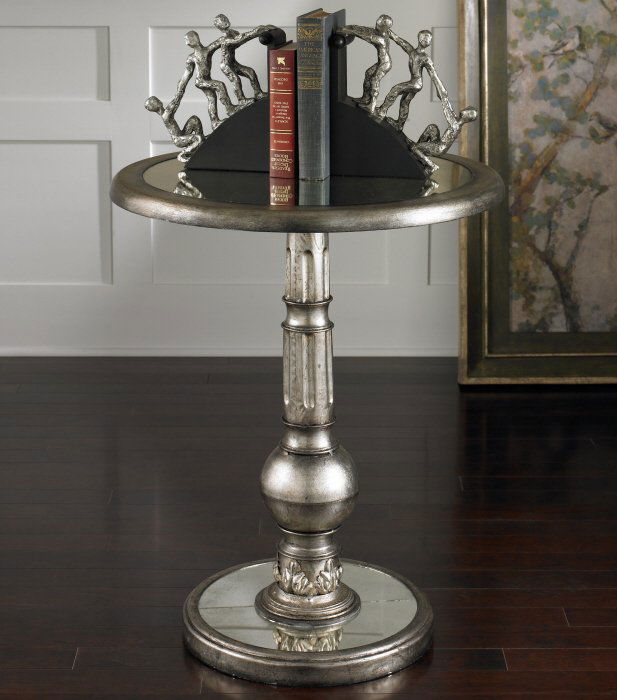 BAINA SILVER ACCENT TABLE: Baina Silver Accent Table - Burnished Silver Leaf Finish With Champagne Highlights And Antiqued Mirror Top And Base. Light Assembly. - Material: Mdf, Metal & Antiqued Mirror Overall Depth In Inches: 2