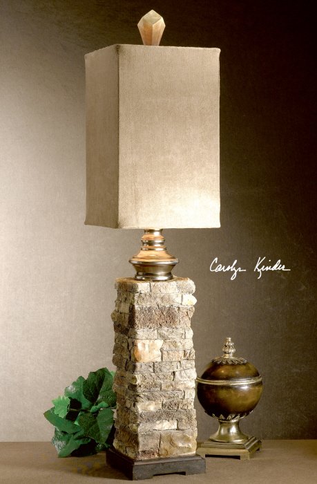 ANDEAN LAYERED STONE BUFFET LAMP: Andean Layered Stone Buffet Lamp - This Striking Lamp Has The Look Of Layered Stone In Varying Tones Of Ivory And Brown. The Square Box Shade Is A Brushed Palomino Suede Textile. - Material: Resin, Me