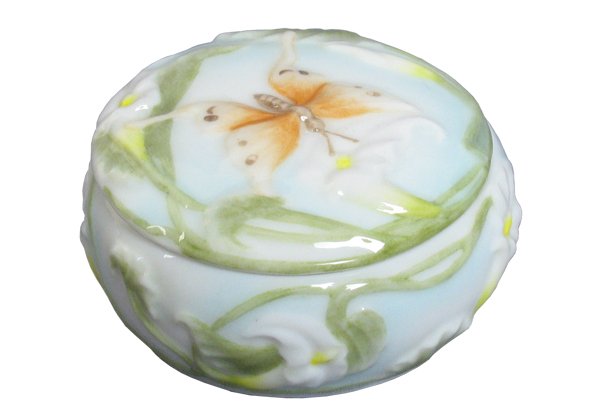BUTTERFLY & CALLA LILY TRINKET BOX: Butterfly & Calla Lily Trinket Box - Material - Fine Porcelain - Size - (l) 2 3/8