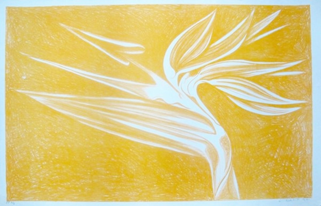 LOWELL NESBITT "BIRD OF PARADISE (YELLOW)" HAND SIGNED: This Is A Large Hand Signed Lithograph By Lowell Nesbitt Titled "bird Of Paradise ". Printed In 1980. This Piece Is Hand Signed By The Artist And Numbered 2 From A Printers Proof Edition Only 2 Pieces