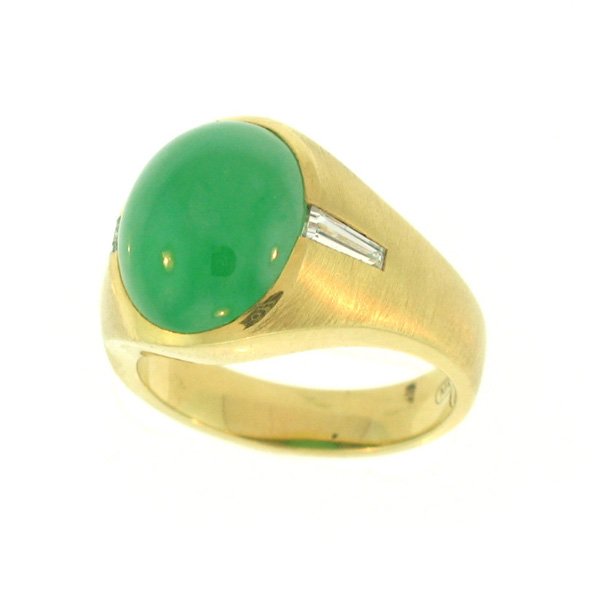 NATURAL GREEN JADE RING: This Is A-one-of-a-kind - Natural Green Jade Ring - Metal: Yellow Gold Karat: 18k Dia. Wt.: 0.40 Ct Stone Size: ~11x13mm - This Is Guaranteed Grade A Jade (jadeite)