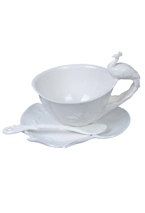 PEACOCK COFFEE CUP SET WITH SPOON (WHITE): Peacock Coffee Cup Set With Spoon-(white) - Material - Fine Porcelain - Size - (l) 5 7/8