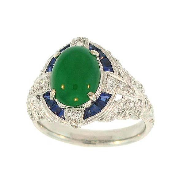 NATURAL GREEN JADE RING: This Is A-one-of-a-kind - Natural Green Jade Ring - Metal: White Gold Karat: 18k Dia. Wt.: 0.31 Ct Stone Size: ~8x10 Details: Sapphire Accents Pavee Diamond Shank - This Is Guaranteed Grade A Jade (ja