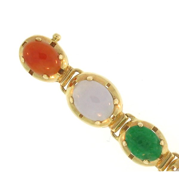 NATURAL MULTI-COLOR MIX JADE BRACELET: This Is A-one-of-a-kind - Natural Multi-color Mix Jade Bracelet - Metal: Yellow Gold Karat: 14k Stone Size: 5x7/6mm - This Is Guaranteed Grade A Jade (jadeite)
