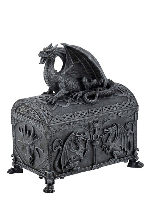 DRAGON CHEST SHAPED TRINKET BOX: Dragon Chest Shaped Trinket Box - Material - Poly Stone - Size - (h) 7 1/4