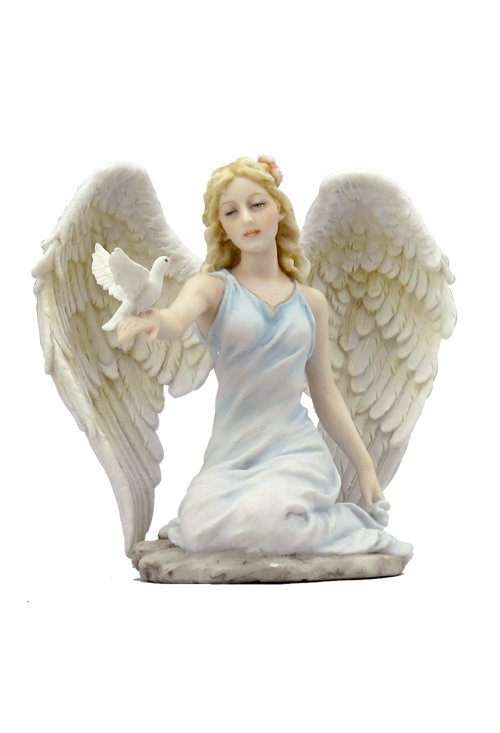 ANGEL KNEELING WITH RIGHT HAND HOLDING DOVE (LIGHT: Angel Kneeling With Right Hand Holding Dove (light Color) - Material - Poly Stone - Size - (l) 5 1/8