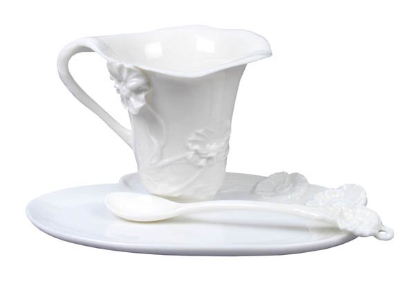 POPPY COFFEE CUP SET WITH SPOON (WHITE): Poppy Coffee Cup Set With Spoon (white) - Material - Fine Porcelain - Size - (l) 5 7/8