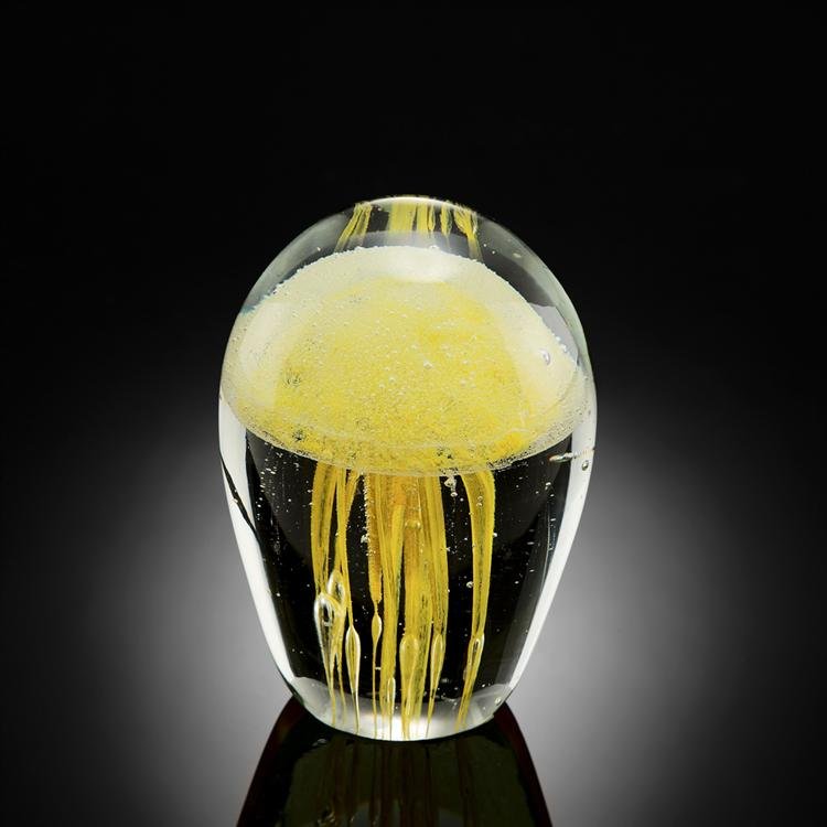 ART GLASS YELLOW JELLYFISH GLOW IN THE DARK: Dimensions: 4.5"h 3"d Material: Glass Weight: 2.00lbs