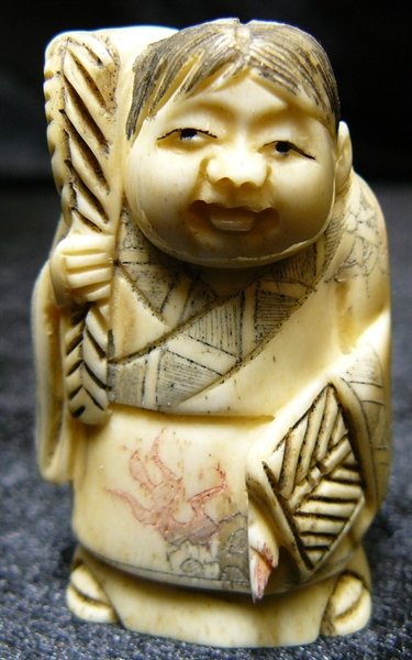 2" BONE NETSUKE: 2" Bone Netsuke - 1"x1.5"x2" - This Is Japanese Netsuke. All Hand Carved From One Solid Piece Of Bone. Hand Painted With Signature On The Bottom. There Are 2 Holes On The Back, Which Is Used For Hangi