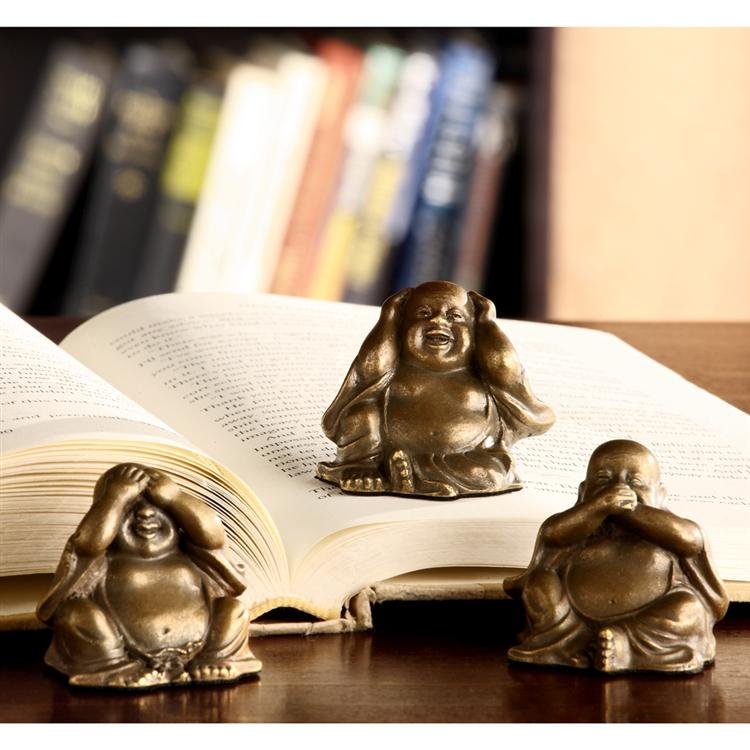 THREE WISE BUDDHAS: Dimensions: 4"h 4"w 4.5"d Material: Aluminum Weight: 2.3lbs