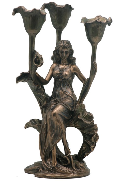 SITTING MAIDEN WITH CALLA LILY 3 CANDLE HOLDER - COLD: Sitting Maiden With Calla Lily 3 Candle Holder - Material - Cold Cast Bronze - Size - 11 3/4