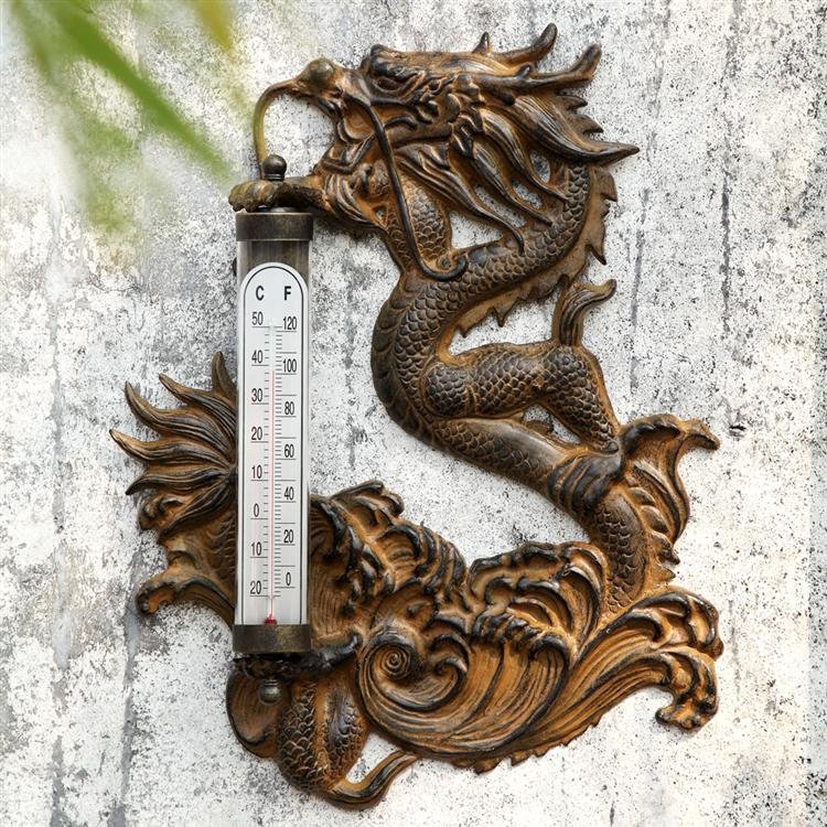 DRAGON WALL MOUNTED THERMOMETER: Dimensions: 19"h 15"w 2.5"d Material: Aluminum Weight: 2.50lbs