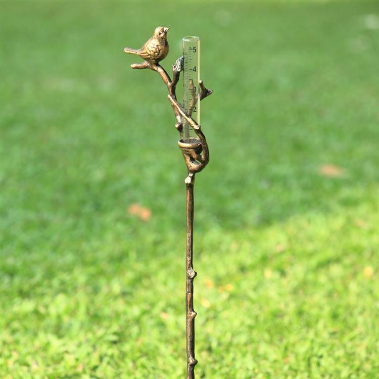 BIRD AND NEST RAIN GAUGE ON STAKE: Dimensions: 26.5"h 5.5"w 2"d Material: Aluminum Weight: 0.55lbs
