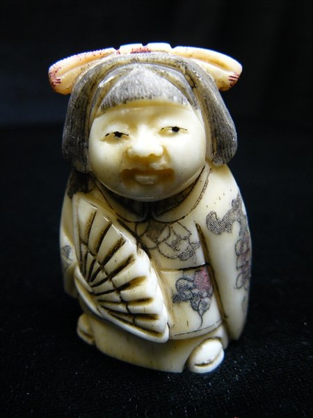 BONE NETSUKE: Bone Netsuke - Long: 1.5", Deep: 1", High: 2". - This Is Japanese Netsuke. All Hand Carved From One Solid Piece Of Bone. Hand Painted With Signature On The Bottom. There Are 2 Holes On The Back, Which