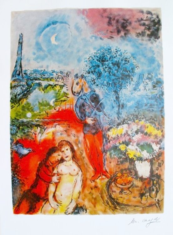 MARC CHAGALL EIFFEL TOWER SERENADE LIMITED ED.: This Is A Marc Chagall First Edition Lithograph Titled "eiffel Tower Serenade". This Is Facsimile Signed And Pencil Numbered From A Limited Edition Of 500. Image Measures 28" X 20½" On 35" X 24½" Pa