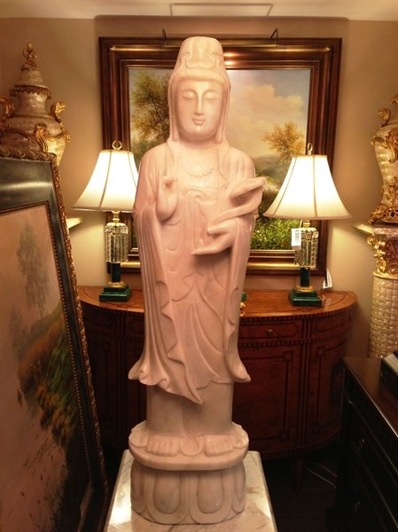 LARGE 48" WHITE JADE STANDING KWANYIN: Large 48" White Jade Standing Kwanyin - Size: High 48", Wide: 12", Deep 8" - This Is A Very Beautiful Standing Kwanyin, Made From White Jade.