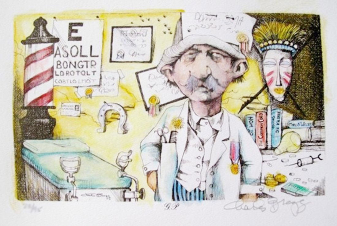 CHARLES BRAGG G.P. DOCTOR HAND SIGNED COLOR LITHOGRAPH: This Is A Charles Bragg Limited Edition Hand Water Colored Lithograph Titled "g.p.". Medium: Lithograph On Arches. Pencil Hand Signed And Numbered By Charles Bragg Himself. Edition Number: 23/95. Pape