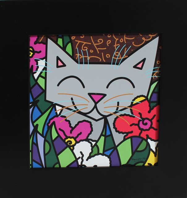 ROMERO BRITTO - CAT IN GARDEN: Romero Britto - Cat In Garden - 3 D Art From Britto's 2012 Calender Enhanced By Artist Solomi - Size (in Inches) 16.75x17.25 - Coa: N - Framed: Y