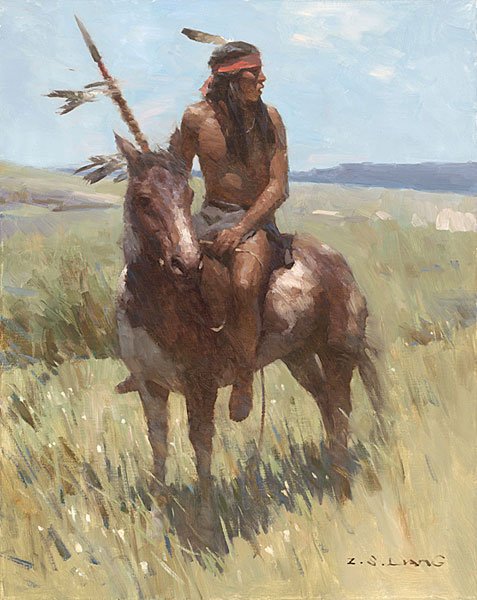 Z.S. LIANG - YOUNG SCOUT: Z.s. Liang - Young Scout - Hand Signed - Canvas - Edition Image Size: 11"w X 14"h. Limited Edition Of: 75 - Armed With Only A Lance And Carrying No Provisions Or Gear, This Plains Warrior Is Not Prepa