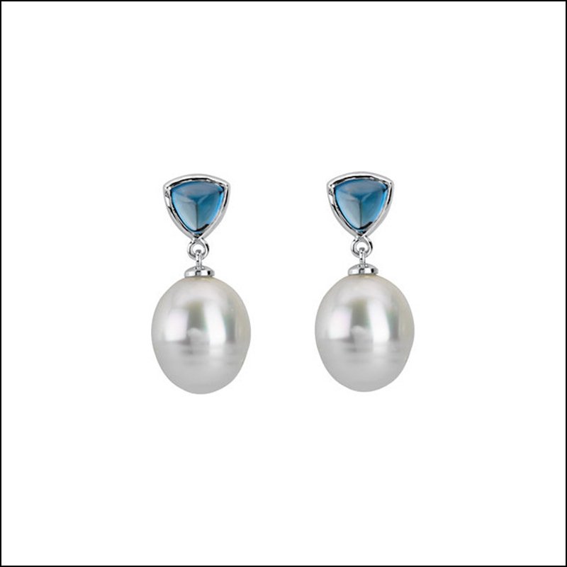 PASPALEY CULTURED CIRCLÃ© PEARL & GENUINE LONDON BLUE: Paspaley Cultured Circlã© Pearl & Genuine London Blue Topaz Earrings - 14ky / Pair 06.00 Mm/11.00 Mm Fine Ci / P / Pas Ss Cul Prl & Gen Lo Bl Top - Weight: 2.098dwt - Gramweight: 3.26