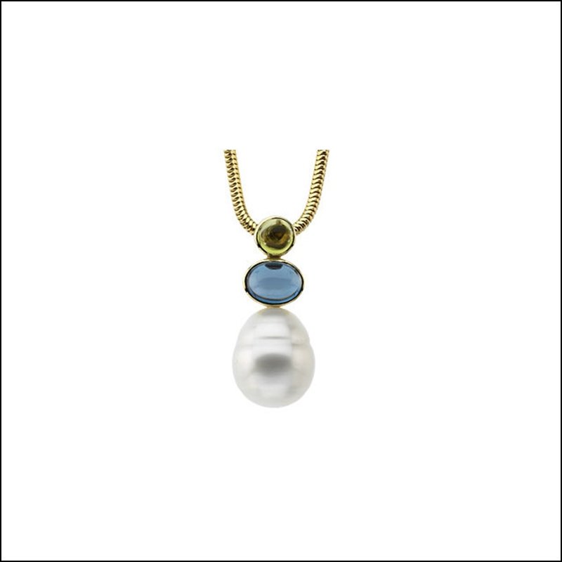 SOUTH SEA CULTURED CIRCLÃ© PEARL, GENUINE PERIDOT &: South Sea Cultured Circlã© Pearl, Genuine Peridot & Genuine London Blue Topaz Pendant - 14kw / 12.00 Mm/05.00 Mm/08.00x06.00 / P / Pas Ss Cul Prl, Gen Per & Gen - Weight: 0.858dwt - Gramweight: 1.33
