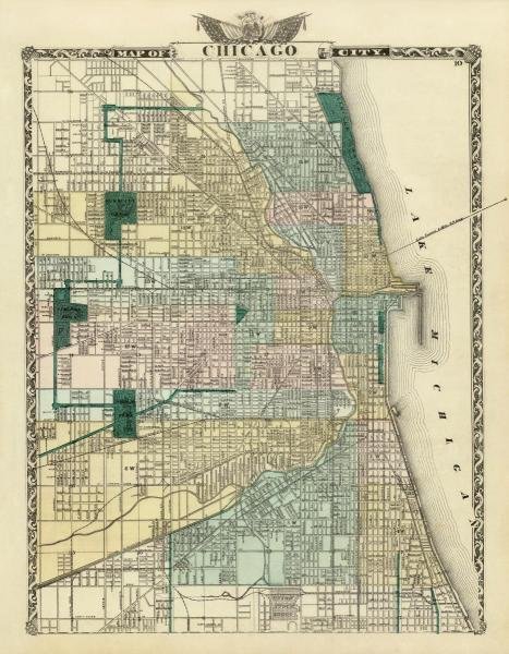 WARNER AND BEERS - MAP OF CHICAGO CITY, 1876: Warner And Beers - Map Of Chicago City, 1876 - 28 X 36 In. - This Giclée Print Is Gallery Stretched And Ready To Hang Or Lean Against A Wall, Or Display On An Easel. - A Giclée Print Is The Highest 