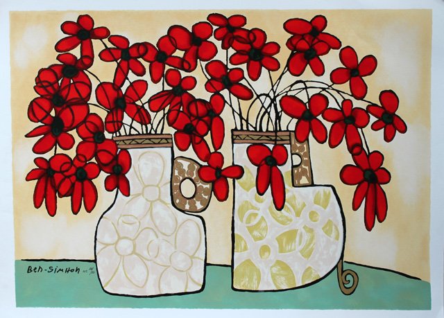 AVI BEN-SIMHON - FLOWERS BLUE VASE: Artist: Avi Ben-simhon. Title: Flowers Blue Vase. Medium: Serigraph On Paper. Image Size: 36x27. Paper Size: 38.75 X 29.75. . __________artist Biography: Avi Ben-simhon Has Been Deeply Inspired By Fau