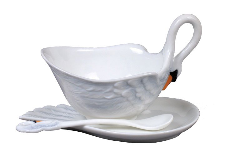 SWAN COFFEE CUP SET WITH SPOON: Swan Coffee Cup Set With Spoon - Material - Fine Porcelain - Size - (l) 5 3/4