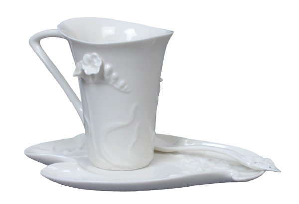 FREESIA COFFEE CUP SET WITH SPOON (WHITE): Freesia Coffee Cup Set With Spoon (white) - Material - Fine Porcelain - Size - (l) 6 3/4