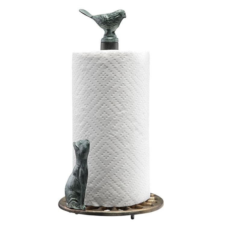 CAT AND BIRD PAPER TOWEL HOLDER: Dimensions: 15"h 8"w 8"d Material: Aluminum Weight: 3.00lbs